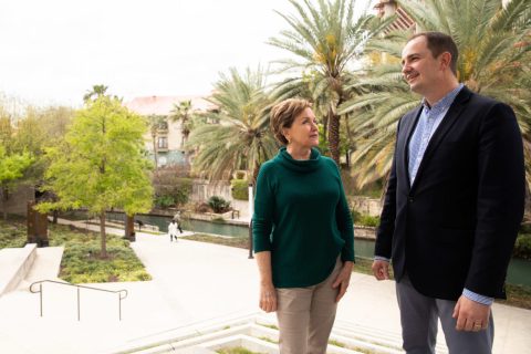 San Antonio Symphony Board Chair Kathleen Vale and Executive Director Corey Cowart stand outside the Tobin Center.
